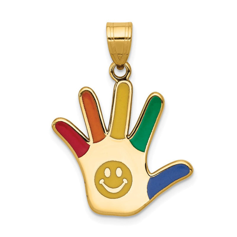 14 Karat Gelbgold emaillierter Autismus-Anhänger mit Handabdruck und Smiley-Gesicht