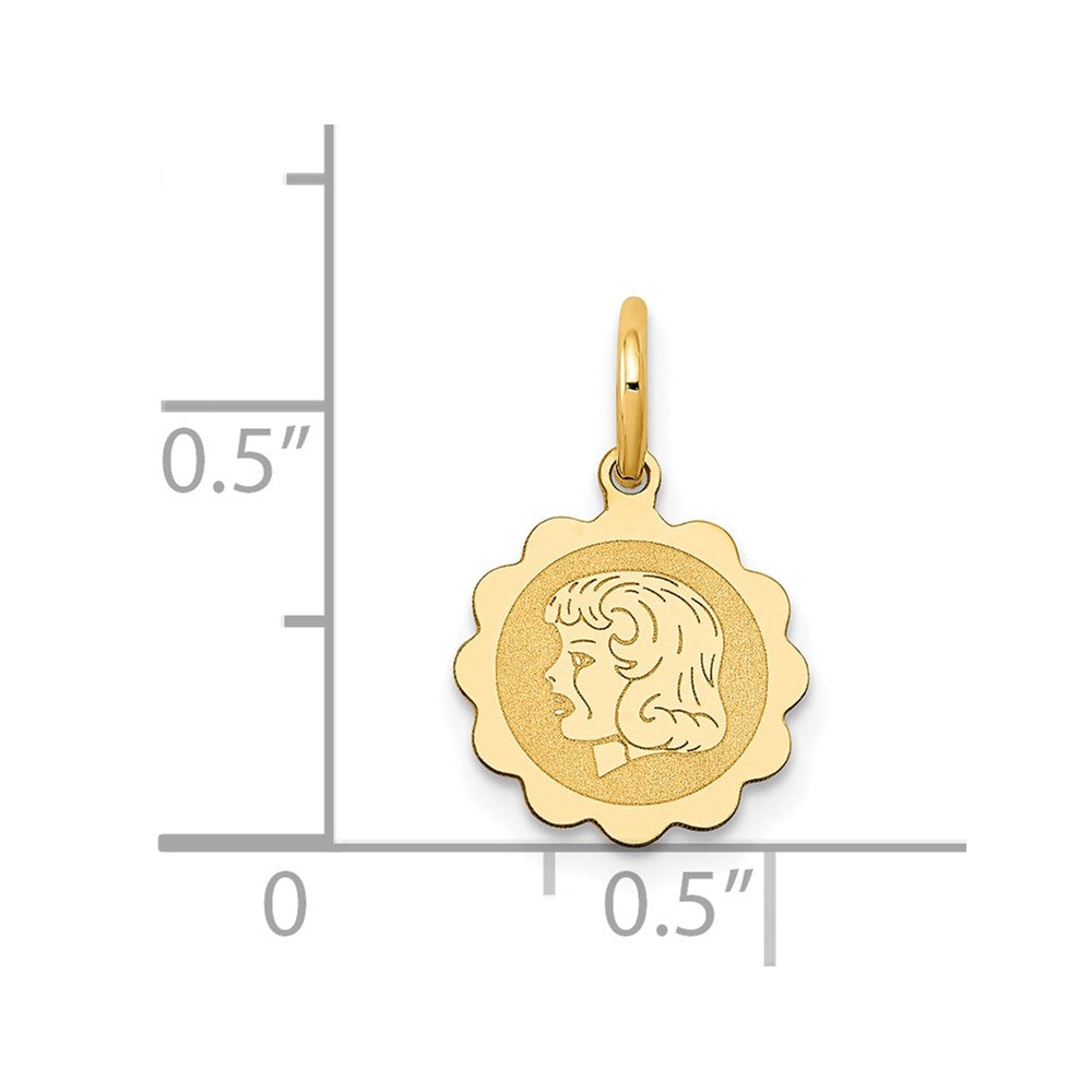 14K Gelbgold Mädchen Kopf Auf.009 Stärke Gravierbar Gewellt Plättchen Charm