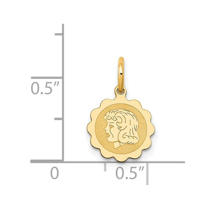 14K Gelbgold Mädchen Kopf Auf.009 Stärke Gravierbar Gewellt Plättchen Charm