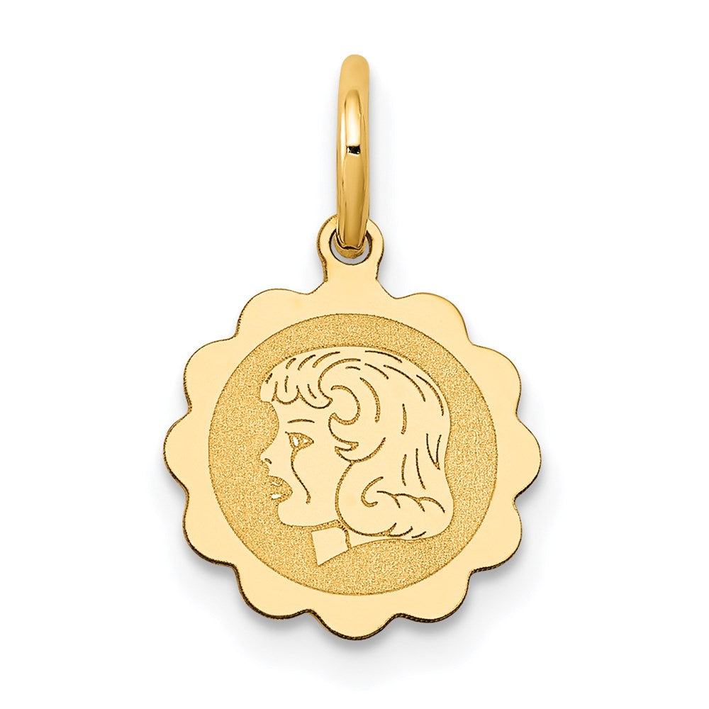 14K Gelbgold Mädchen Kopf Auf.009 Stärke Gravierbar Gewellt Plättchen Charm