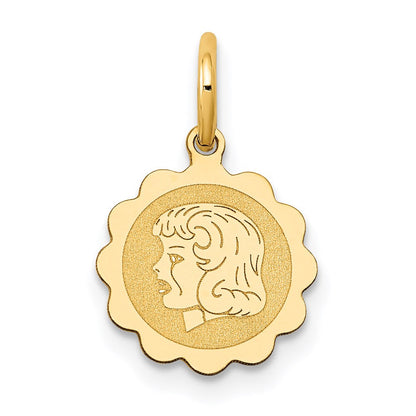 14K Gelbgold Mädchen Kopf Auf.009 Stärke Gravierbar Gewellt Plättchen Charm