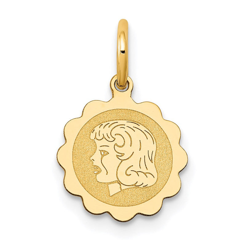 14K Gelbgold Mädchen Kopf Auf.009 Stärke Gravierbar Gewellt Plättchen Charm