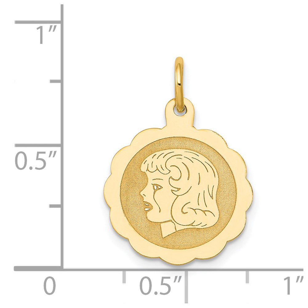 14K Gelbgold 14K Mädchen Kopf Auf.013 Stärke Gravierbar Gewellt Plättchen Charm