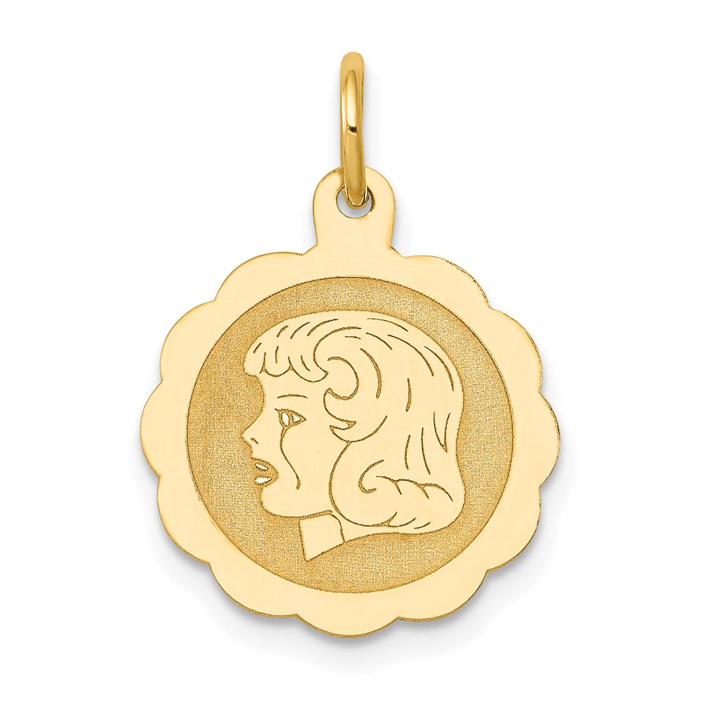 14K Gelbgold 14K Mädchen Kopf Auf.013 Stärke Gravierbar Gewellt Plättchen Charm