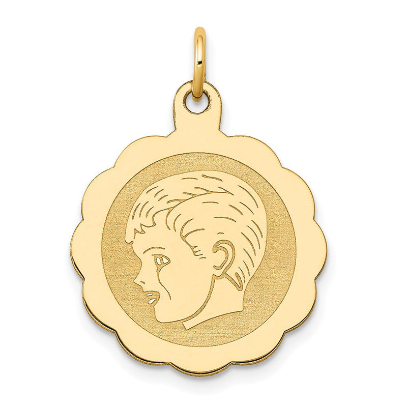 14K Gelbgold 14K Junge Kopf Auf.013 Stärke Gravierbar Gewellt Plättchen Charm