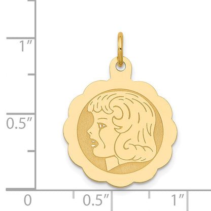 14K Gelbgold 14K Mädchen Kopf Auf.013 Stärke Gravierbar Gewellt Plättchen Charm