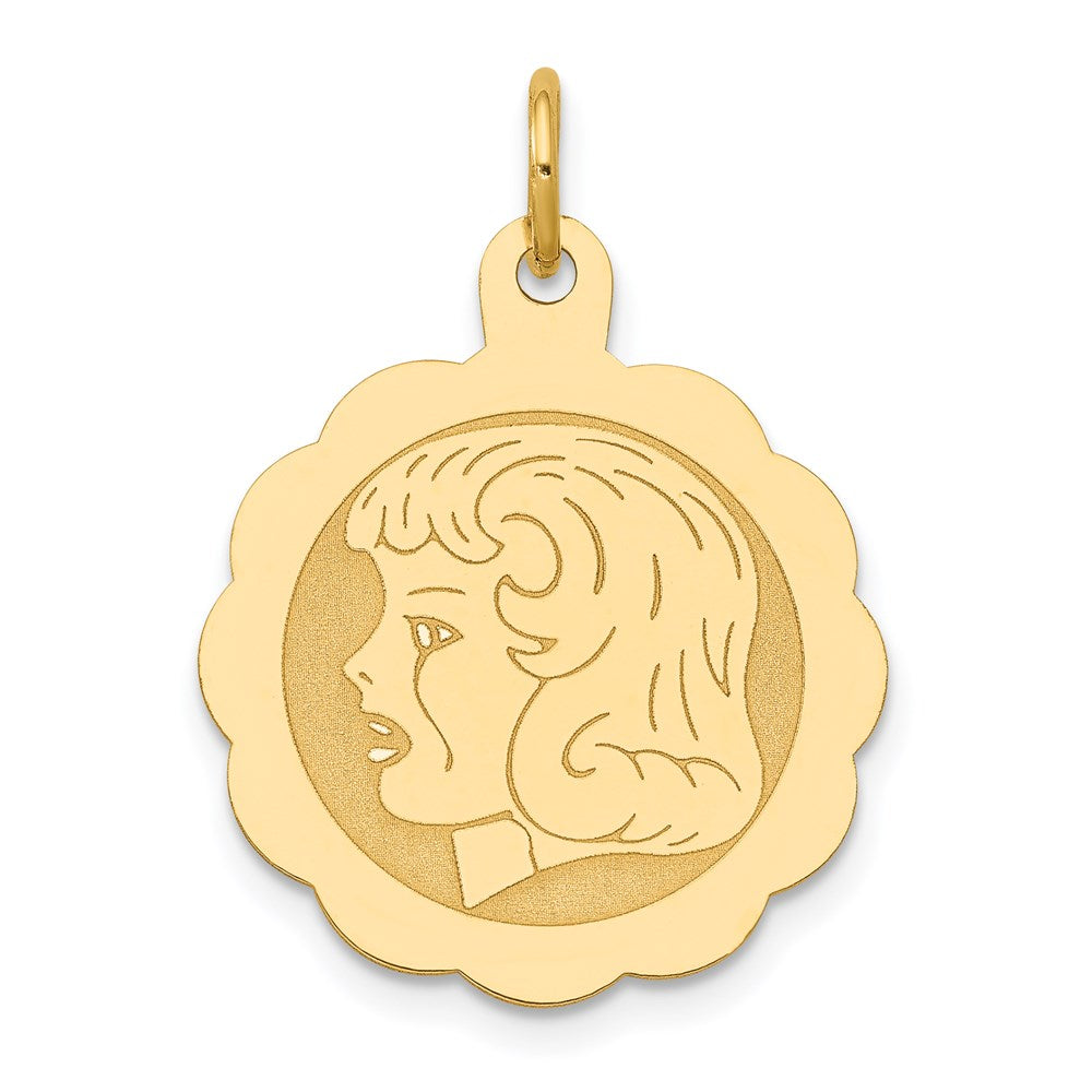 14K Gelbgold 14K Mädchen Kopf Auf.013 Stärke Gravierbar Gewellt Plättchen Charm