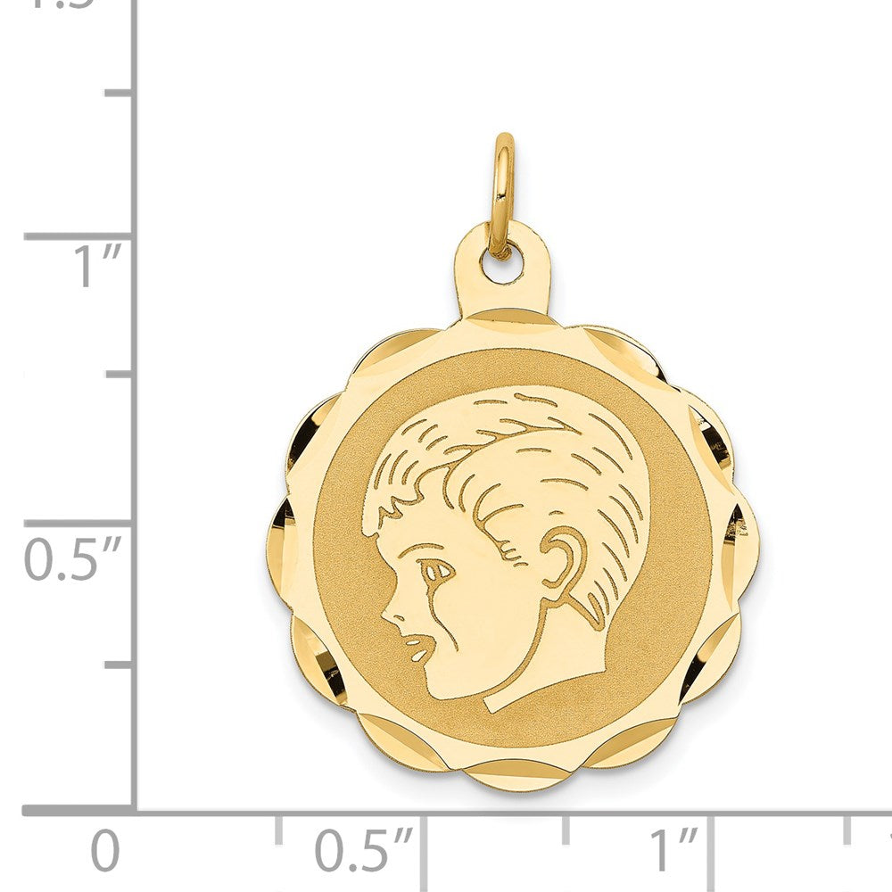 14K Gelbgold Jungenkopf auf 0,011 Gauge gravierbarer gewellter Scheiben-Charm