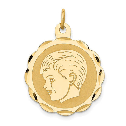 14K Gelbgold Jungenkopf auf 0,011 Gauge gravierbarer gewellter Scheiben-Charm