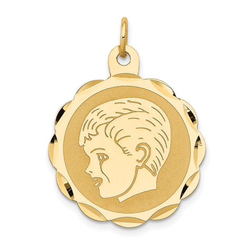 14K Gelbgold Jungenkopf auf 0,011 Gauge gravierbarer gewellter Scheiben-Charm