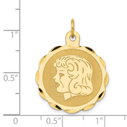 14K Gelbgold Charm mit Mädchenkopf auf gravierbarer, geschweifter Scheibe, 0,018 Gauge