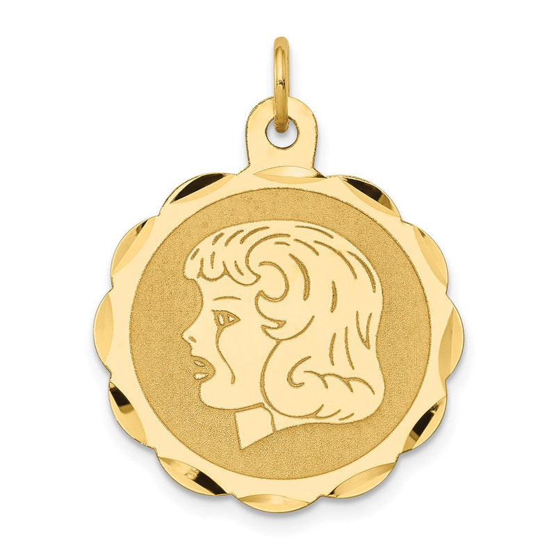 14K Gelbgold Mädchenkopf-Charm auf 0,011 Gauge geripptem, gravierbarem Scheiben-Anhänger
