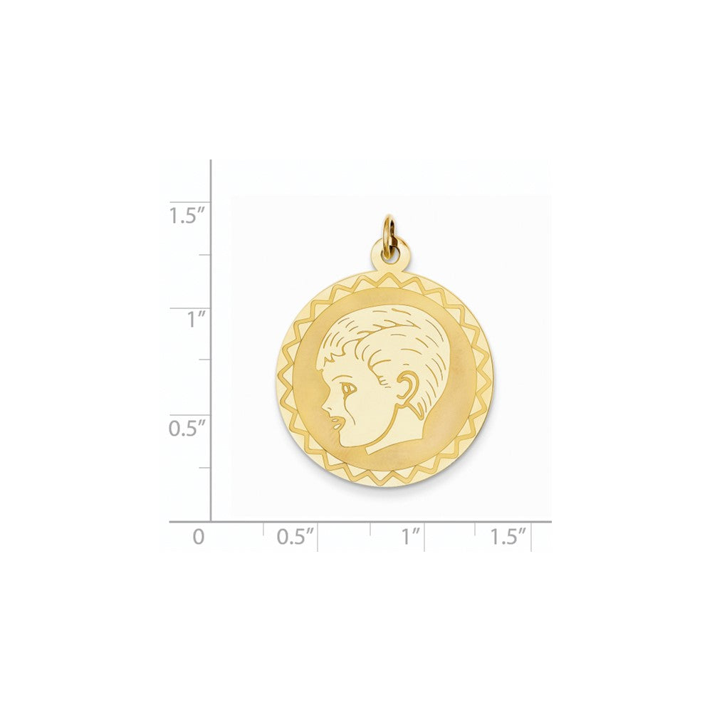 14K Gelbgold Jungenkopf-Charm auf gravierbarer gewellter Scheibe, 0,018 Gauge