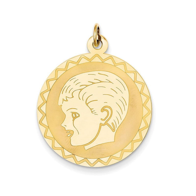 14K Gelbgold Jungenkopf-Charm auf gravierbarer gewellter Scheibe, 0,018 Gauge