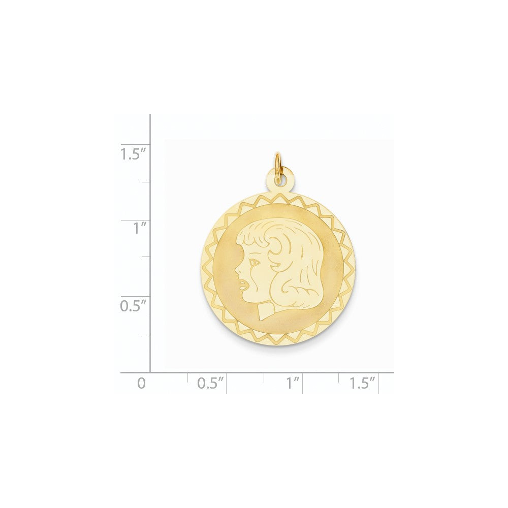 14K Gelbgold Mädchenkopf auf 0,013 Gauge gravierbarem gewelltem Scheiben-Charm