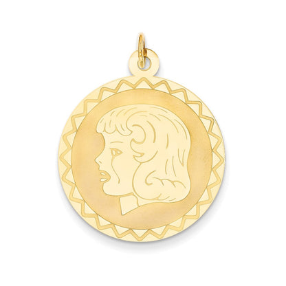 14K Gelbgold Mädchenkopf auf 0,018 Gauge Gravierbarer Gewellter Scheiben-Charm