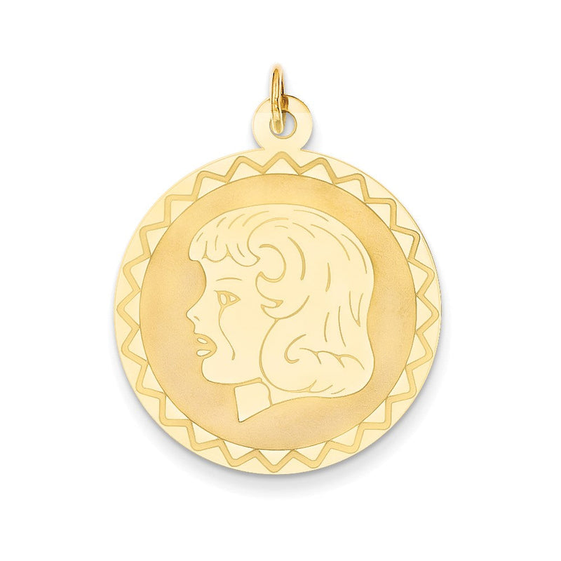 14K Gelbgold Mädchenkopf auf 0,018 Gauge Gravierbarer Gewellter Scheiben-Charm