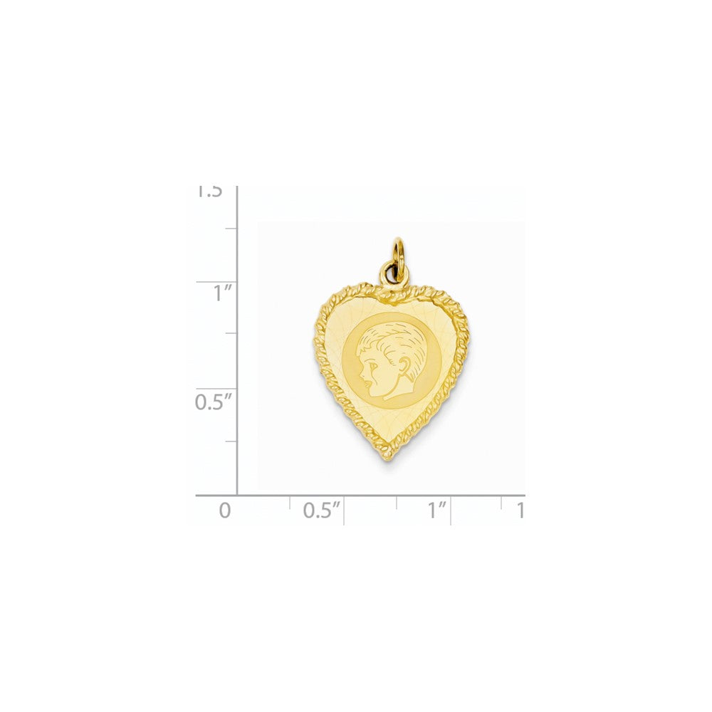 14K Gelbgold-Charm Jungenkopf auf gravierbarem Musterherz mit Kordelrand, .011 Gauge