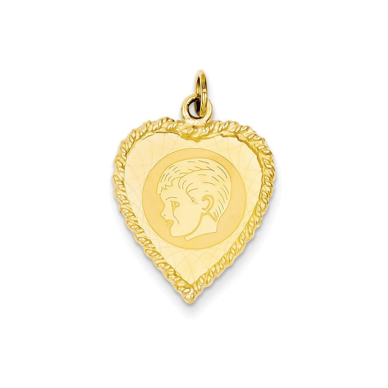 14K Gelbgold-Charm Jungenkopf auf gravierbarem Musterherz mit Kordelrand, .011 Gauge