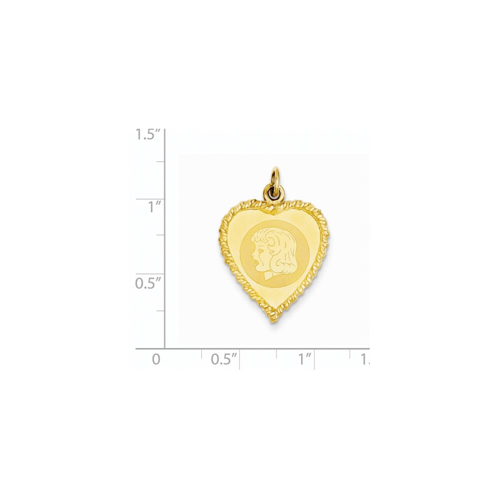 14K Gelbgold Mädchenkopf-Charm auf gravierbarem Kordelmuster-Herz, .011 Gauge
