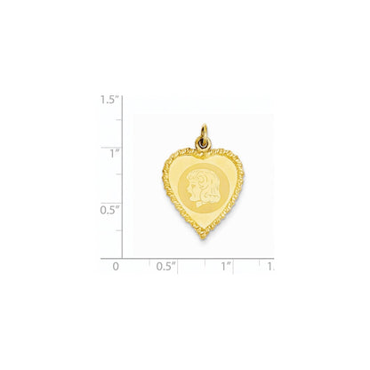 14K Gelbgold Mädchenkopf-Charm auf gravierbarem Kordelmuster-Herz, .011 Gauge