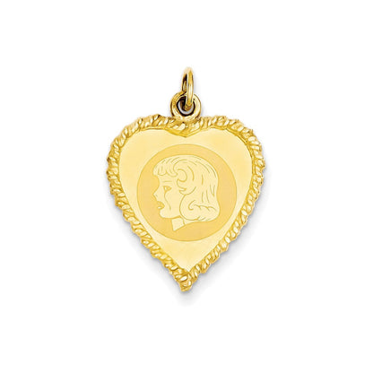 14K Gelbgold Mädchenkopf-Charm auf gravierbarem Kordelmuster-Herz, .011 Gauge
