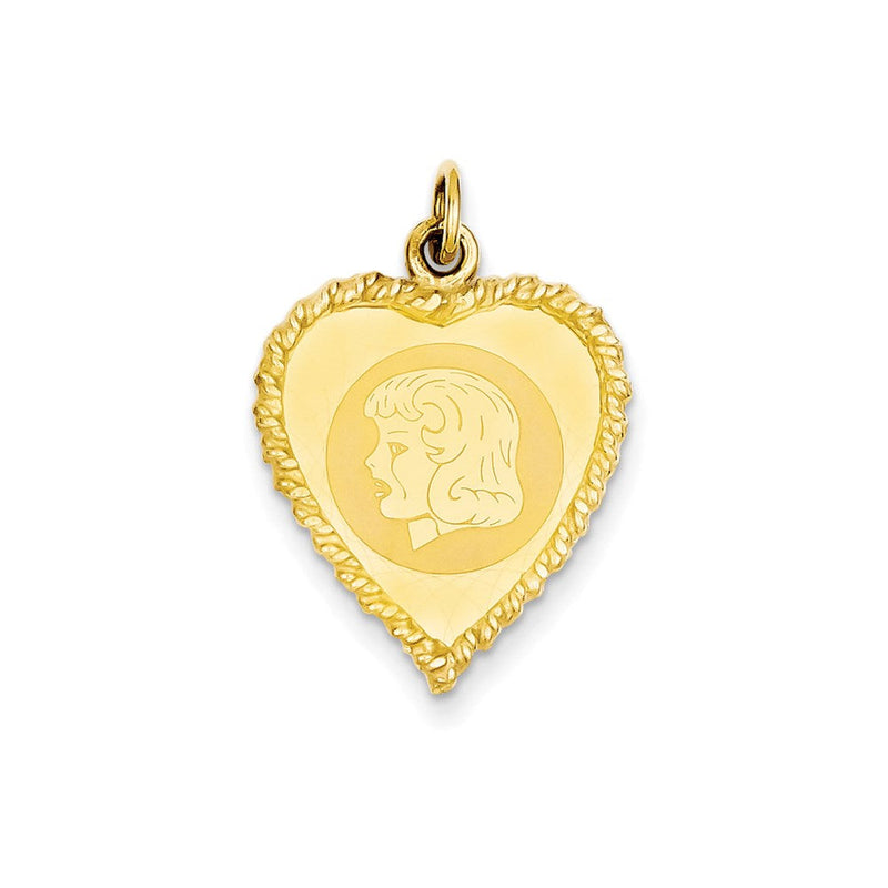 14K Gelbgold Mädchenkopf-Charm auf gravierbarem Kordelmuster-Herz, .011 Gauge