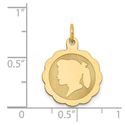 14K Gelbgold Mädchen Kopf auf Gravierbar Gewellt Plättchen Charm