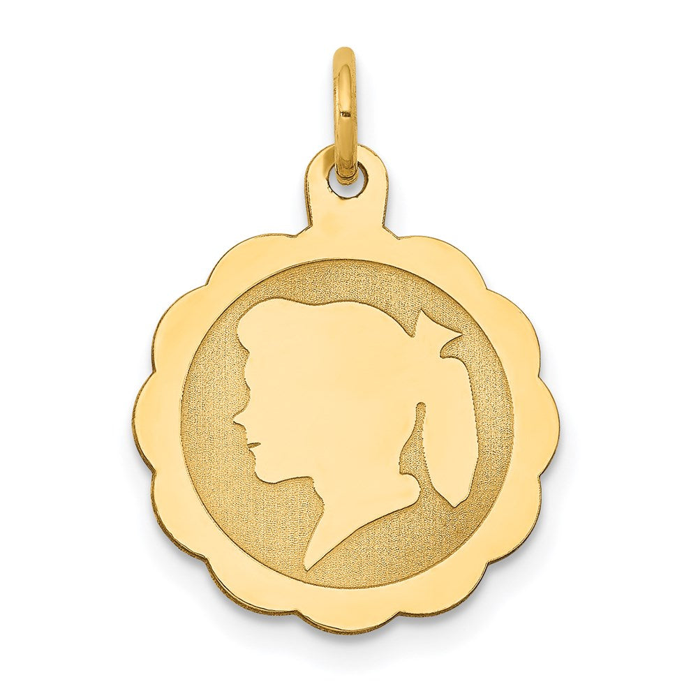14K Gelbgold Mädchen Kopf auf Gravierbar Gewellt Plättchen Charm