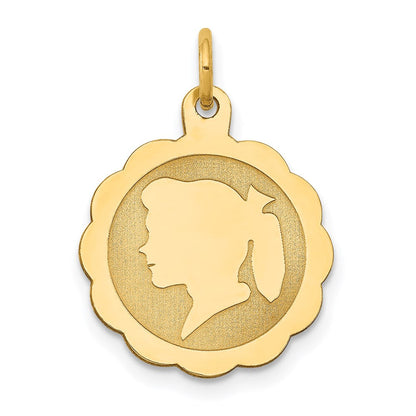 14K Gelbgold Mädchen Kopf auf Gravierbar Gewellt Plättchen Charm
