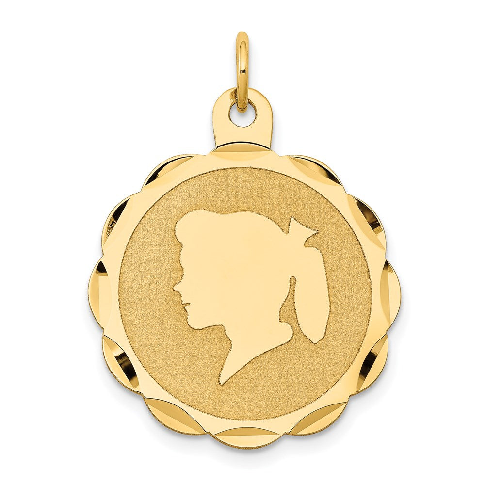 14K Gelbgold Mädchen Kopf auf Gravierbar Gewellt Plättchen Charm