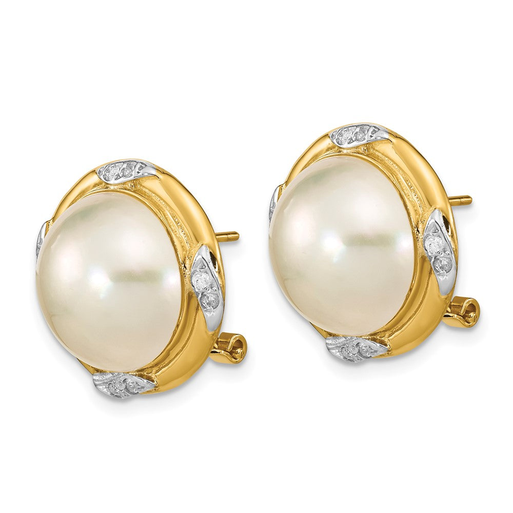14K Gelbgold 13 14mm Weiß Mabe Salzwasser Zuchtperle Und.16 Karat Diamant Omega Rückseite Ohrringe