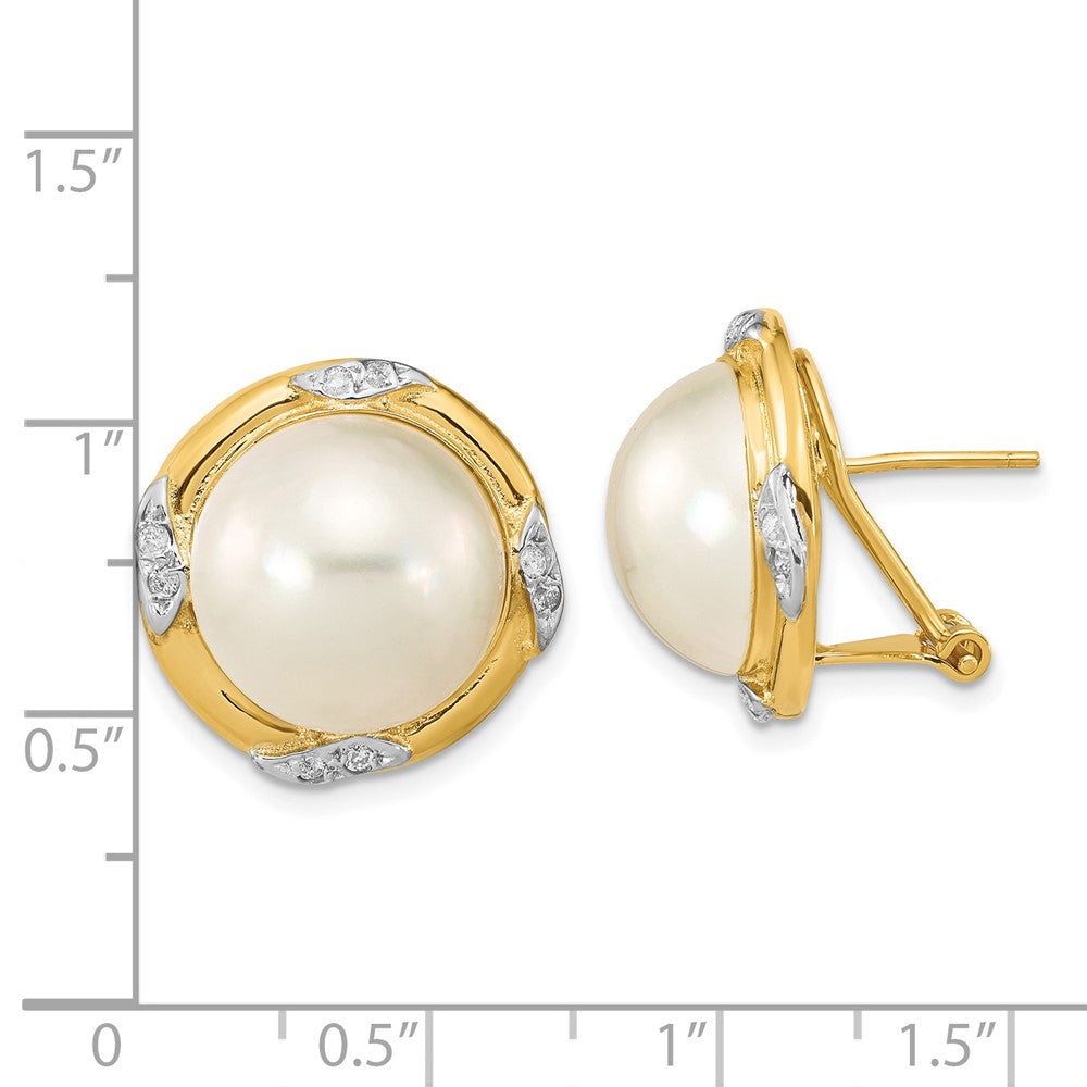 14K Gelbgold 13 14mm Weiß Mabe Salzwasser Zuchtperle Und.16 Karat Diamant Omega Rückseite Ohrringe