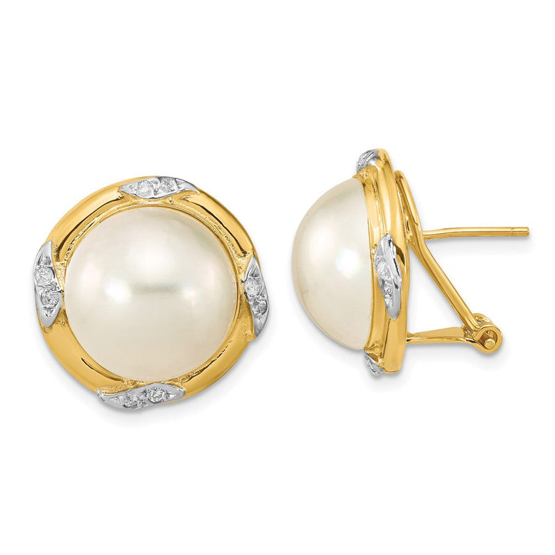 14K Gelbgold 13 14mm Weiß Mabe Salzwasser Zuchtperle Und.16 Karat Diamant Omega Rückseite Ohrringe