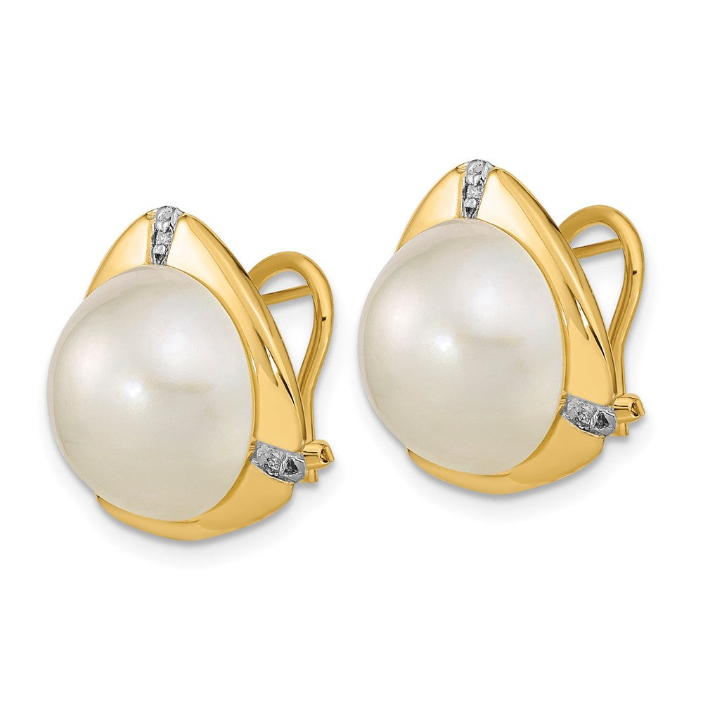 14K Gelbgold 12-13mm Weiß Salzwasser Mabe Perle.06ct Diamant Omega Rückseite Ohrringe