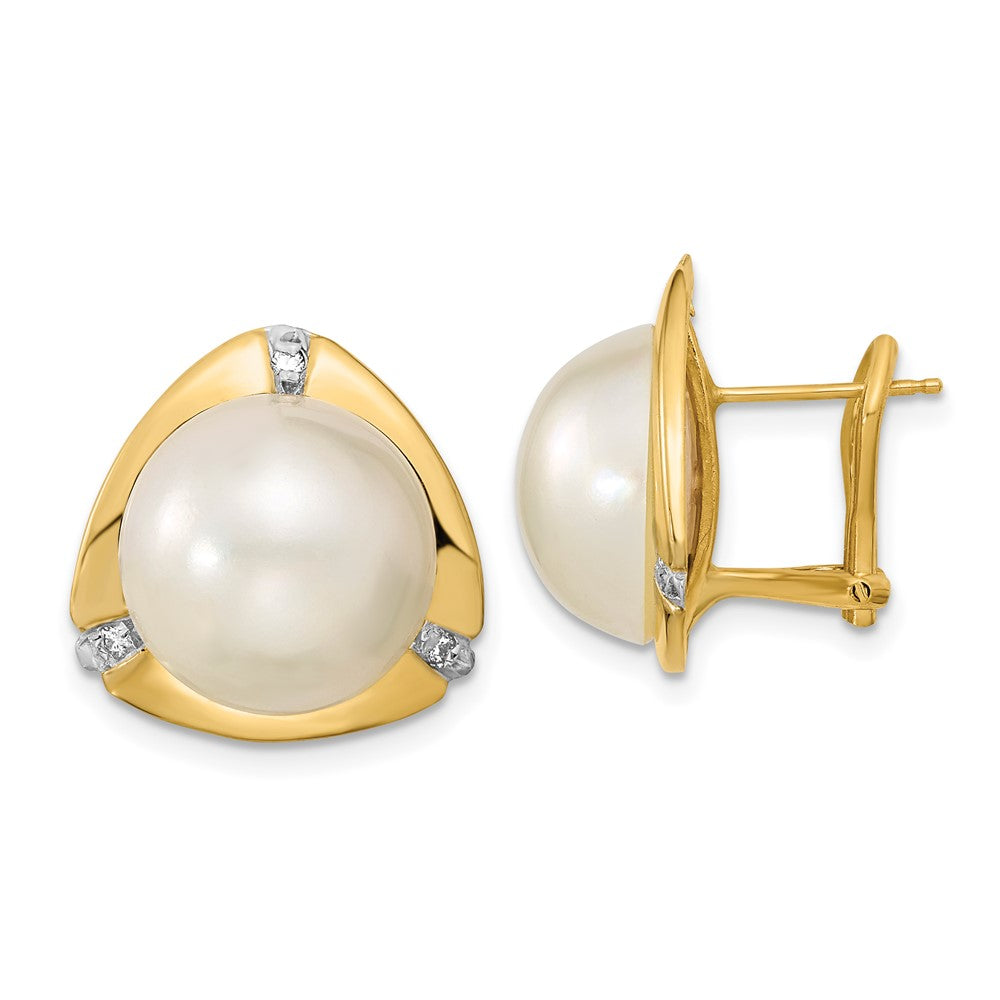 14K Gelbgold 12-13mm Weiß Salzwasser Mabe Perle.06ct Diamant Omega Rückseite Ohrringe