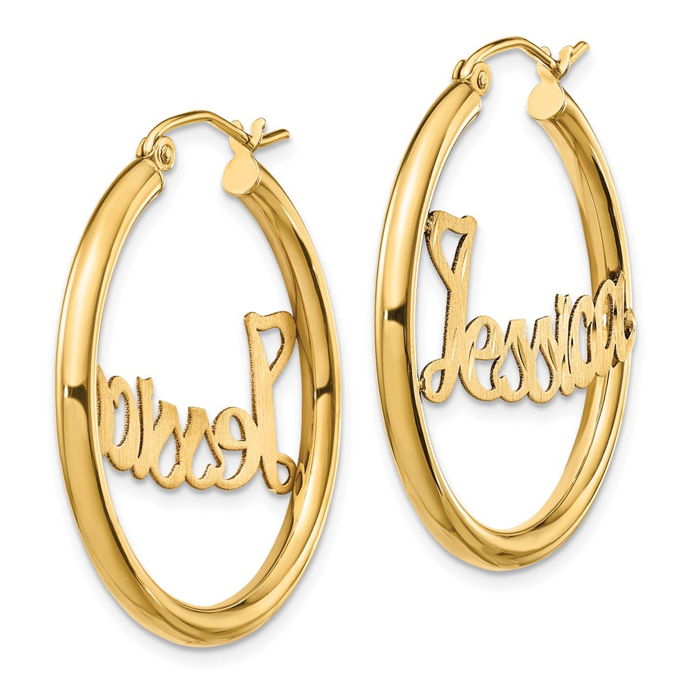14K Gelbgold Satiniert und Diamantiert Name Platte Creolen