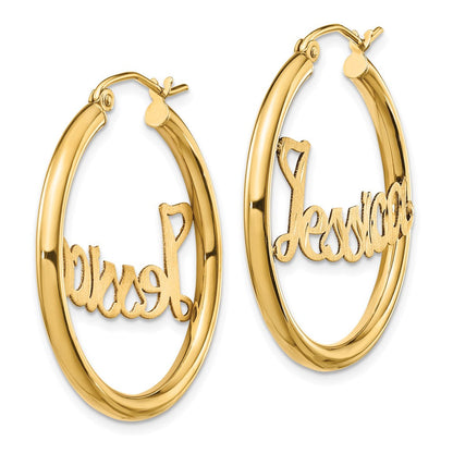 14K Gelbgold Satiniert und Diamantiert Name Platte Creolen