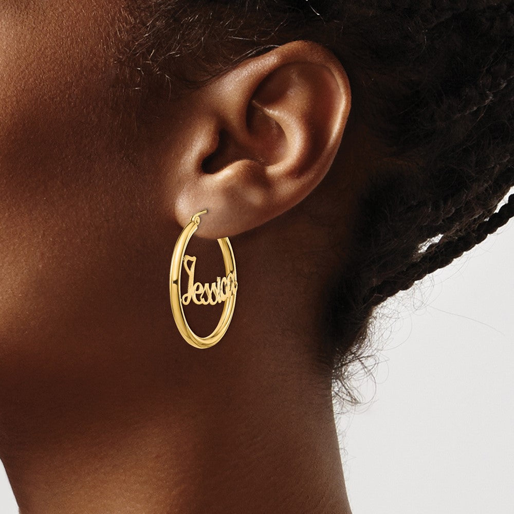 14K Gelbgold Satiniert und Diamantiert Name Platte Creolen