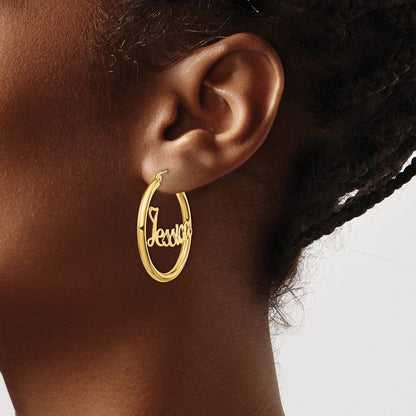 14K Gelbgold Satiniert und Diamantiert Name Platte Creolen