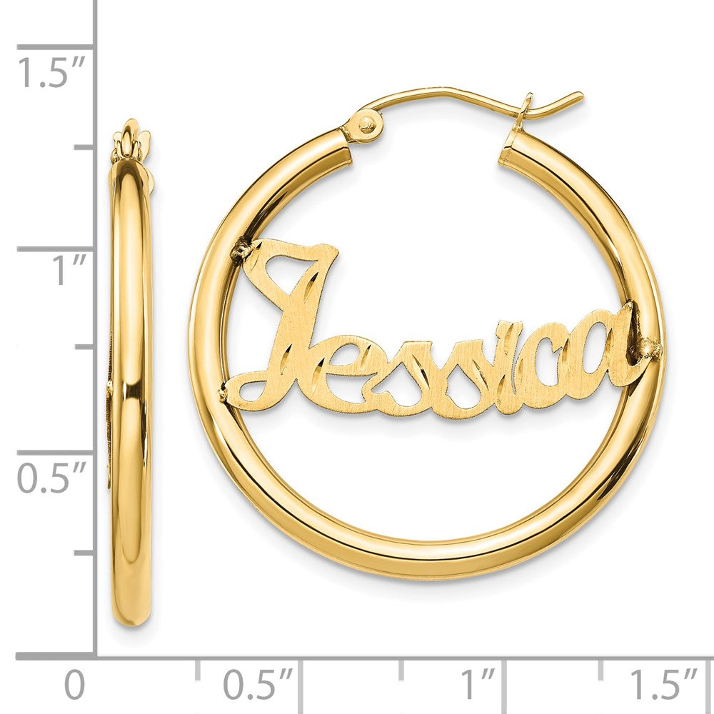 14K Gelbgold Satiniert und Diamantiert Name Platte Creolen
