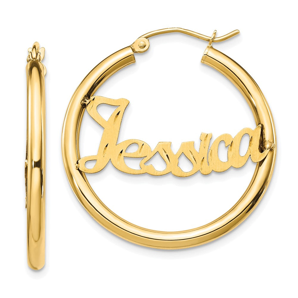 14K Gelbgold Satiniert und Diamantiert Name Platte Creolen