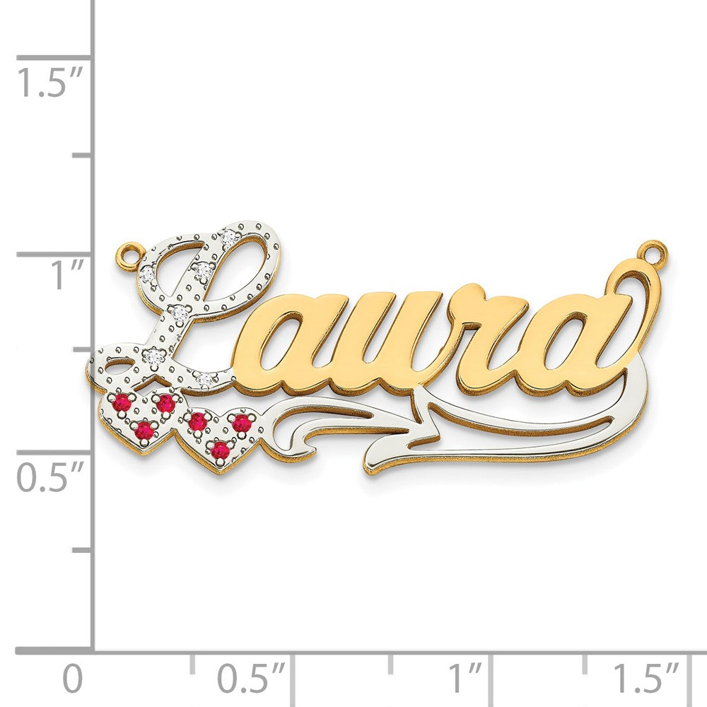 14K Gelb & Rhodium 14ky Diamant und Rubin 3d mit Herzen Name Platte
