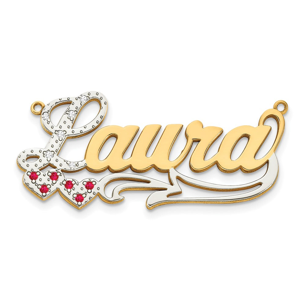 14K Gelb & Rhodium 14ky Diamant und Rubin 3d mit Herzen Name Platte