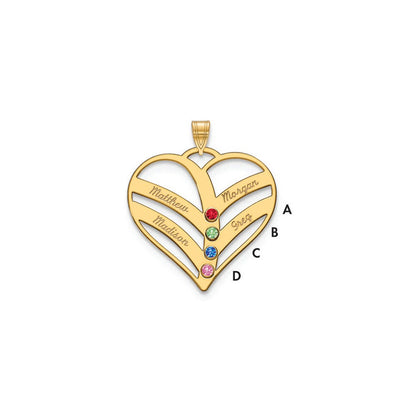14K Gelbgold 14ky 4 Name Birthstones Zargenfassung Ausgeschnitten Herz Anhänger