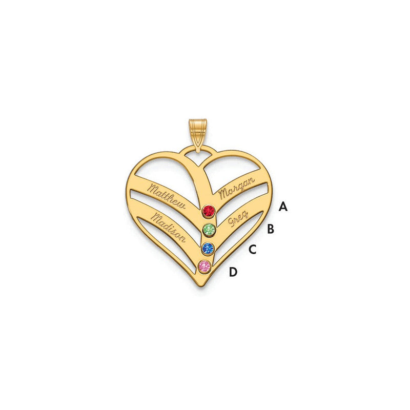 14K Gelbgold 14ky 4 Name Birthstones Zargenfassung Ausgeschnitten Herz Anhänger