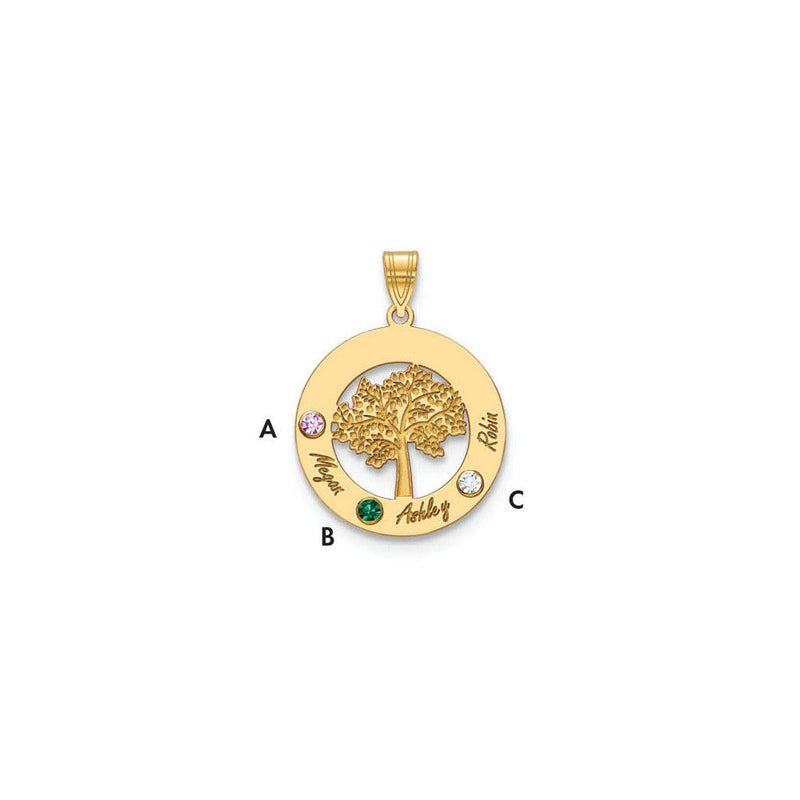 14K Gelbgold 14ky Familie Baum in Kreis 3 Names und Birthstones mit Zargenfassung Anhänger