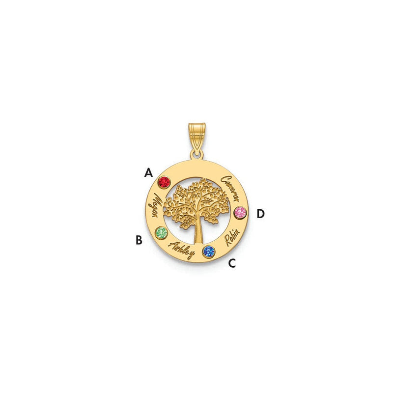 14K Gelbgold 14ky Familie Baum in Kreis 4 Names und Birthstones mit Zargenfassung Anhänger