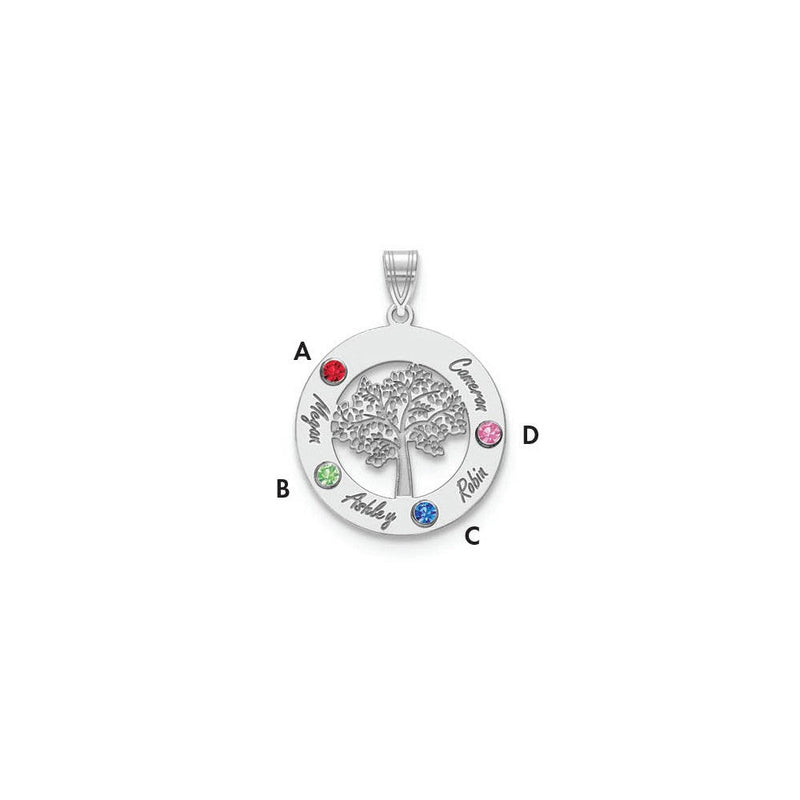 14K Weißgold 14kw Familie Baum Kreis 4 Names mit Birthstones 18K Rhodiniert Bezels