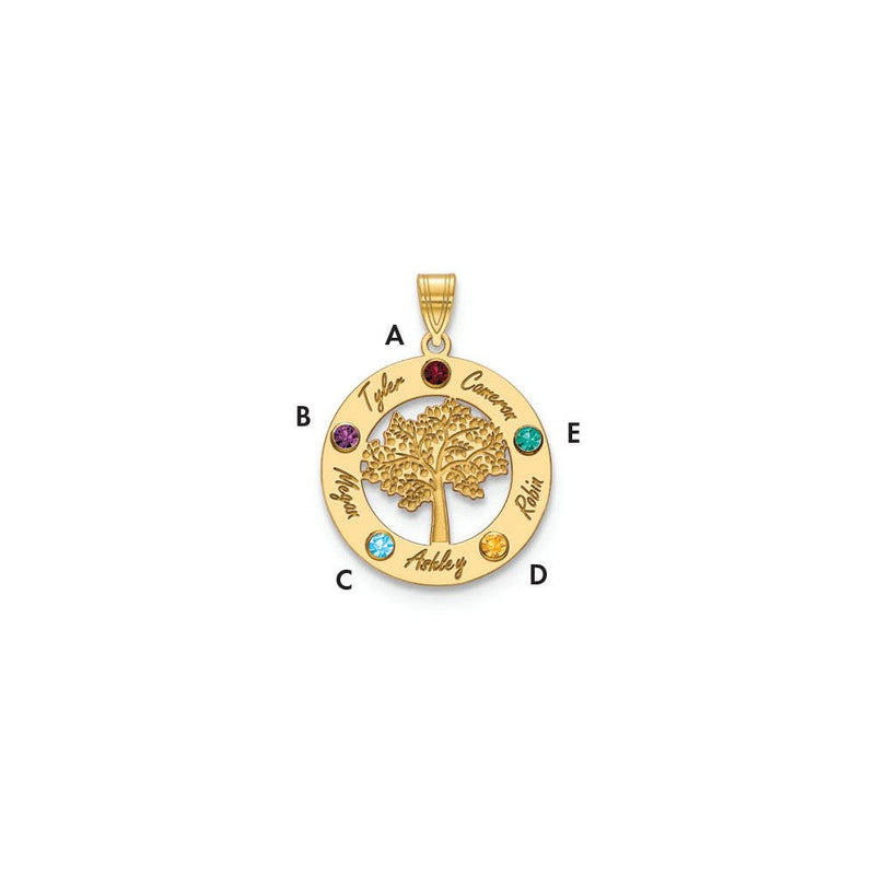 14K Gelbgold 14ky Familie Baum in Kreis 5 Names und Birthstones mit Zargenfassung Anhänger